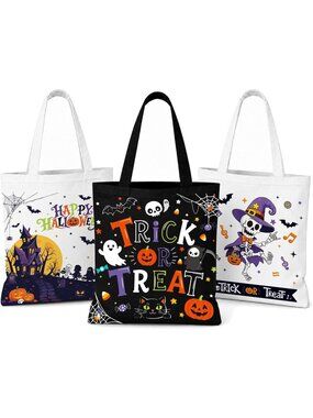 13.8" Halloween 3Pack Tote Bag Large Reusable Canvas Trick Treat Bags Halloween